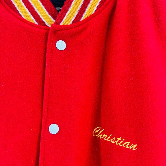 Custom Holloway Wool Red Yellow Varsity Protest Statement Jacket Leather Sleeves - Picture 7 of 11